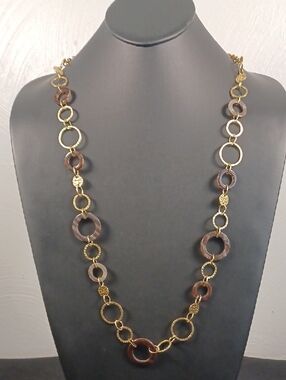 Goldtone Necklace Brown Acrylic Circles 37"
